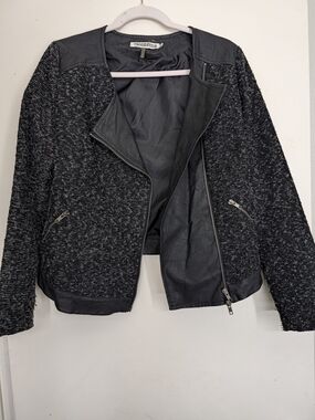 Monoreno Black Tweed and Faux Leather Moto Blazer